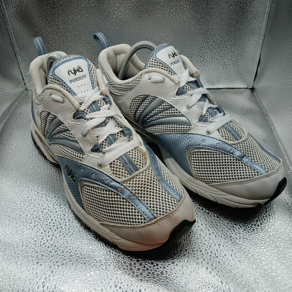 Ryka White & Metalic Lt Blue Pursuit Sneakers Women's Size 9